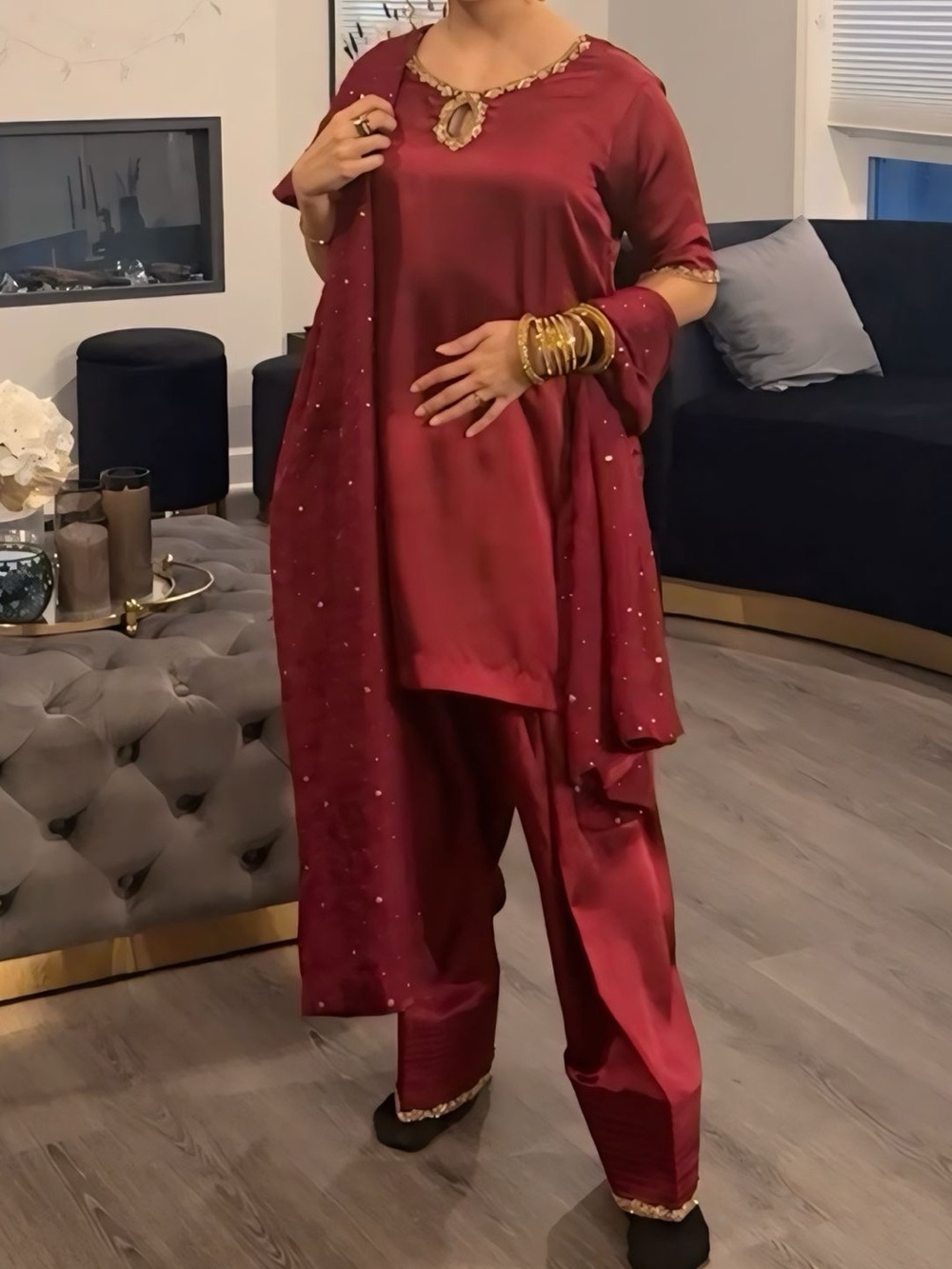 Farshi Shalwar Embroidered Red Plum Silk 3-Piece Set with Dupatta
